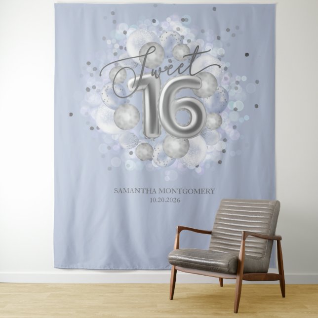 Silver Sweet 16 Bday Balloons Dusty Blue Hintergru Wandteppich (Beispiel)