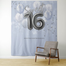 Silver Sweet 16 Bday Balloons Dusty Blue Hintergru