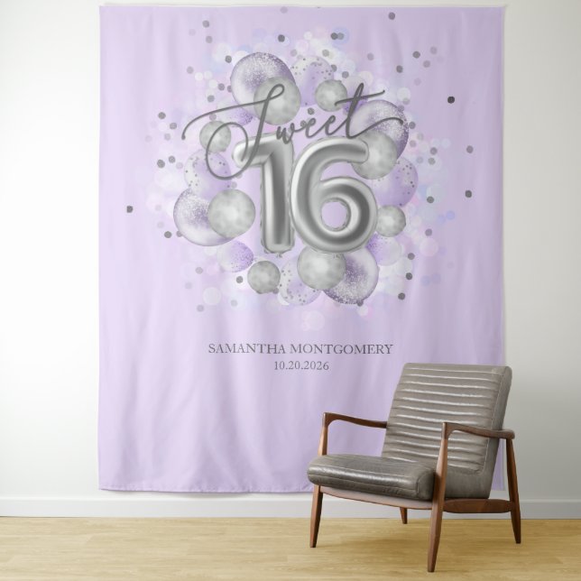 Silver Sweet 16 Bday Balloons Lavendel Hintergrund Wandteppich (Beispiel)