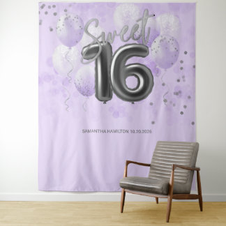 Silver Sweet 16 Bday Balloons Lavendel Hintergrund Wandteppich