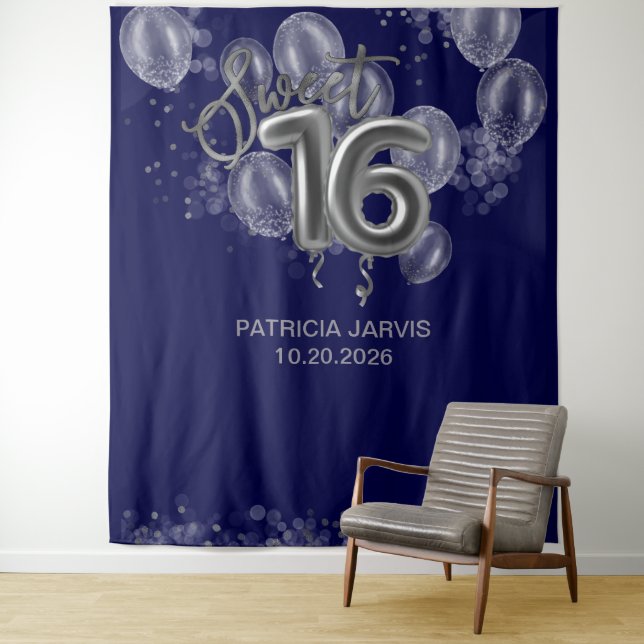 Silver Sweet 16 Bday Balloons Royal Blue Backdrops Wandteppich (Beispiel)