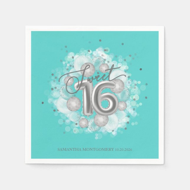 Silver Sweet 16 Birthday Balloons Party Aquamarin Serviette (Vorderseite)