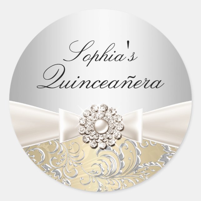 Silver Swirl & Jewel Bow Quinceanera Sticker (Vorderseite)
