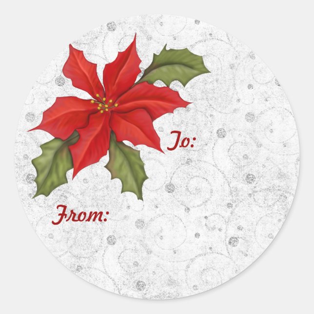 Silver Swirl Poinsettia Runder Aufkleber (Vorderseite)