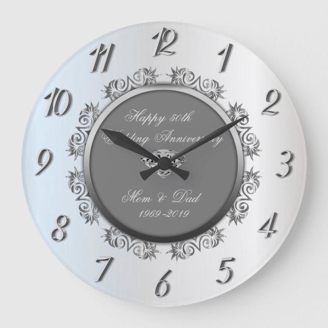 Silver Swirls Diamond 50th Wedding Anniversary Große Wanduhr (Vorderseite)
