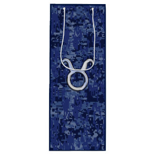 Silver Taurus Zodiac Sign Navy Blue Digital Camouf Geschenktüte Für Weinflaschen