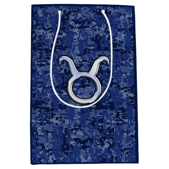 Silver Taurus Zodiac Sign Navy Blue Digital Camouf Mittlere Geschenktüte (Vorderseite)