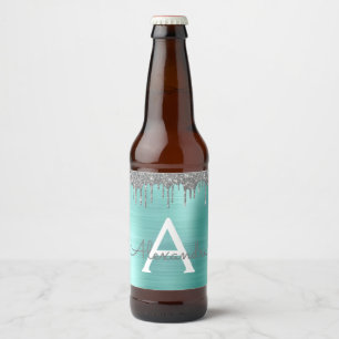 Silver Teal Glitter Brushed Metal Monogram Name Bierflaschenetikett