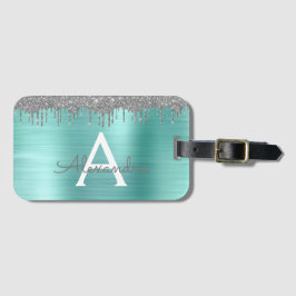 Silver Teal Glitter Brushed Metal Monogram Name Gepäckanhänger