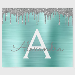 Silver Teal Glitter Brushed Metal Monogram Name Geschenkpapier