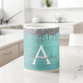 Silver Teal Glitter Brushed Metal Monogram Name Kaffeetasse