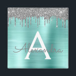 Silver Teal Glitter Brushed Metal Monogram Name Magnet<br><div class="desc">Silber und Aquamarine Aqua Blue Imitate Foil Metallic Sparkle Glitzer gebürstete Metal Monogram Name und Initial Party Magnet. Das macht den perfekten 16 Geburtstag,  Hochzeit,  Brautparty,  Jubiläum,  Babydusche oder Junggeselinnen-Abschied Geschenk für jemanden,  der Lieben glamourösen Luxus und schicke Stile.</div>