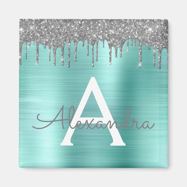 Silver Teal Glitter Brushed Metal Monogram Name Magnet (Vorne)