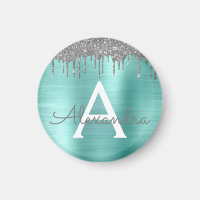 Silver Teal Glitter Brushed Metal Monogram Name