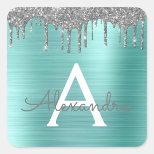 Silver Teal Glitter Brushed Metal Monogram Name Quadratischer Aufkleber
