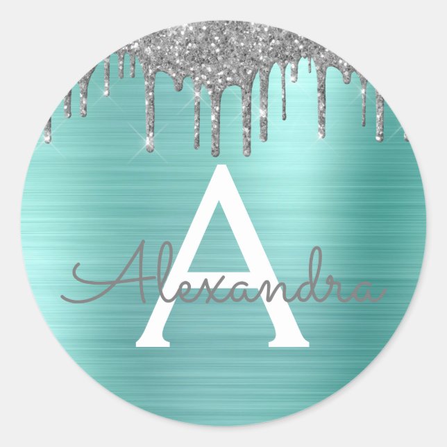 Silver Teal Glitter Brushed Metal Monogram Name Runder Aufkleber (Vorderseite)