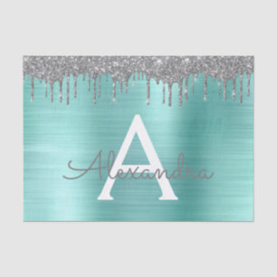 Silver Teal Glitter Brushed Metal Monogram Name Seidenpapier