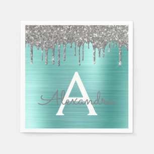 Silver Teal Glitter Brushed Metal Monogram Name Serviette