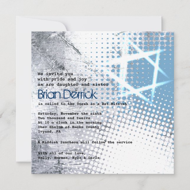 SILVER TEXTURE STAR Bar Bat Mitzvah Einladung (Vorderseite)