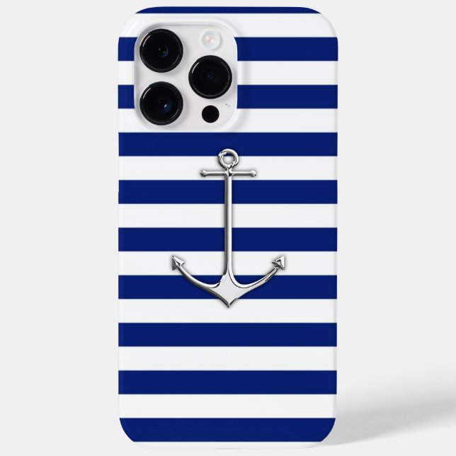 Silver Thin Anchor auf nautischen Streifen Case-Mate iPhone 14 Pro Max Hülle (Rückseite)