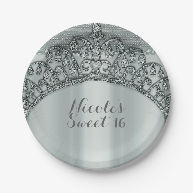 Silver Tiara Crown & Diamond Bling Party Pappteller (Vorderseite)