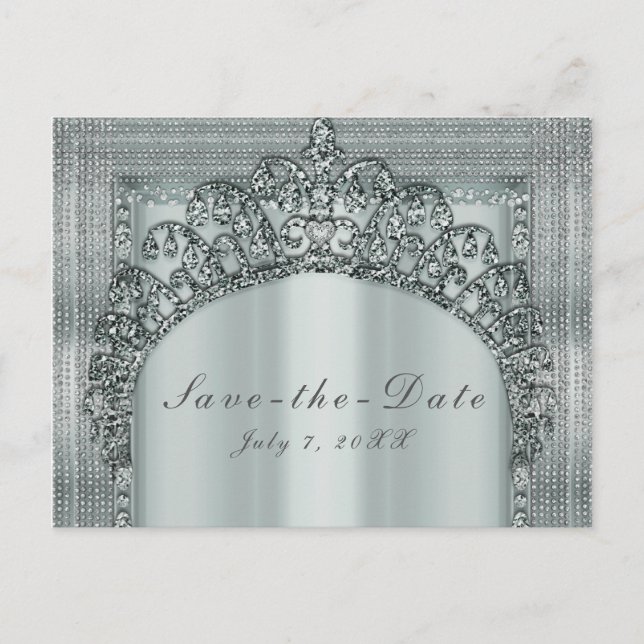 Silver Tiara Crown & Diamond Bling Save the Date Ankündigungspostkarte (Vorderseite)