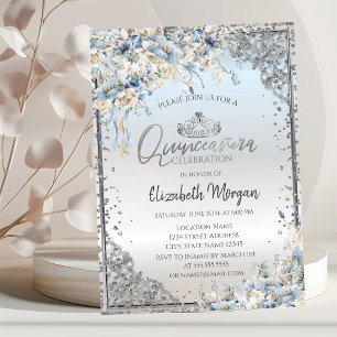 Silver Tiara, Diamonds Blue Blumen Quinceañera Einladung