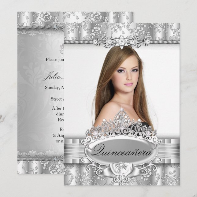 Silver Tiara & Floral Foto Quinceanera Einladung (Vorne/Hinten)