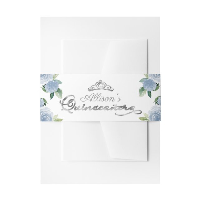 Silver Tiara Light Blue Floral Quinceanera Einladungsbanderole (Vorderseite Beispiel)