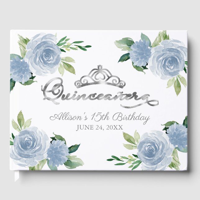 Silver Tiara Light Blue Floral Quinceanera Gästebuch (Vorderseite)