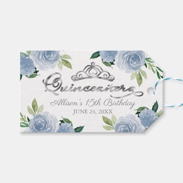 Silver Tiara Light Blue Floral Quinceanera Party Geschenkanhänger (Vorderseite (Horizontal))