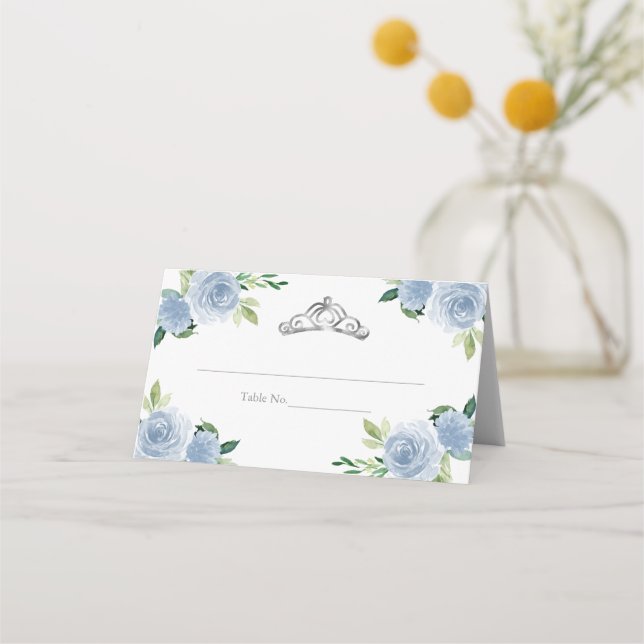 Silver Tiara Light Blue Floral Quinceanera Party Platzkarte (Vorderseite)