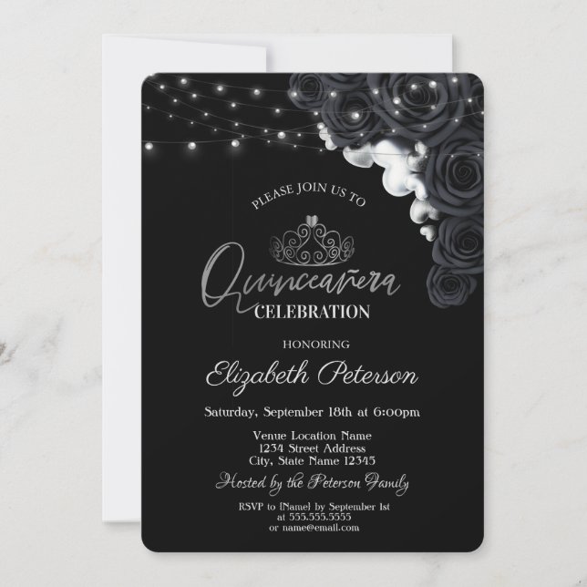 Silver Tiara, Lights Black Rose Quinceañera Einladung (Vorderseite)