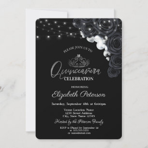 Silver Tiara, Lights Black Rose Quinceañera Einladung
