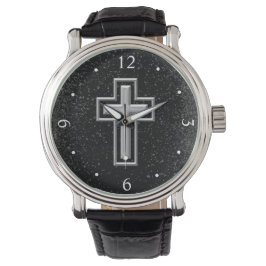 Silver Tone Christlich Cross auf Black Sparkle Armbanduhr