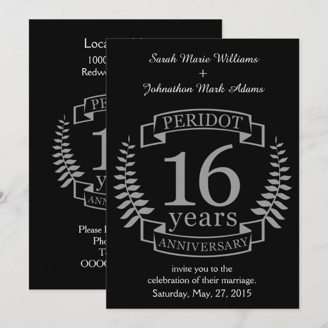 Silver Traditioneller Hochzeitstag 16 Jahre Einladung (Vorne/Hinten)