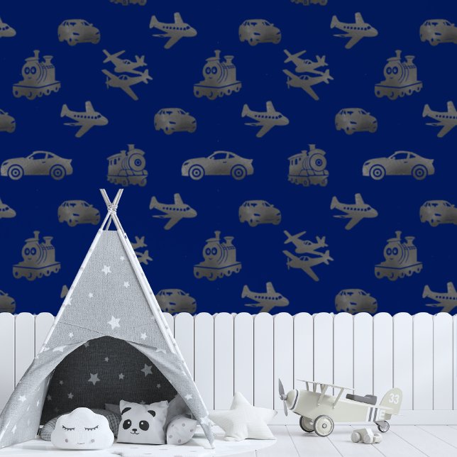 Silver Trains Flugzeug und Cars Boys blau Tapete (Boys Playroom)