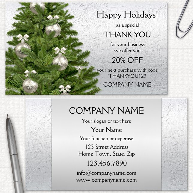 Silver Tree Holidays Danke Business Card (Christmas Holidays Thank You business card featuring a tree with silver baubles and bows)