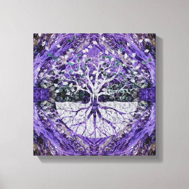 Silver Tree of Life Yggdrasil on Amethyst Geode Leinwanddruck (Vorderseite)