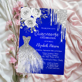 Silver Tropfens, Dress Rose Royal Blue Quinceanera Einladung