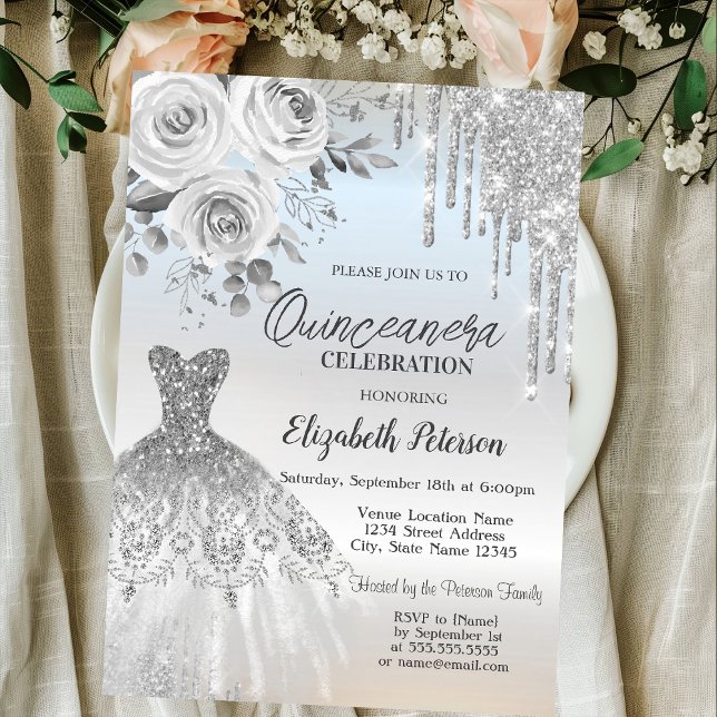 Silver Tropfens, Dress Rose Silver Quinceanera Einladung (Von Creator hochgeladen)