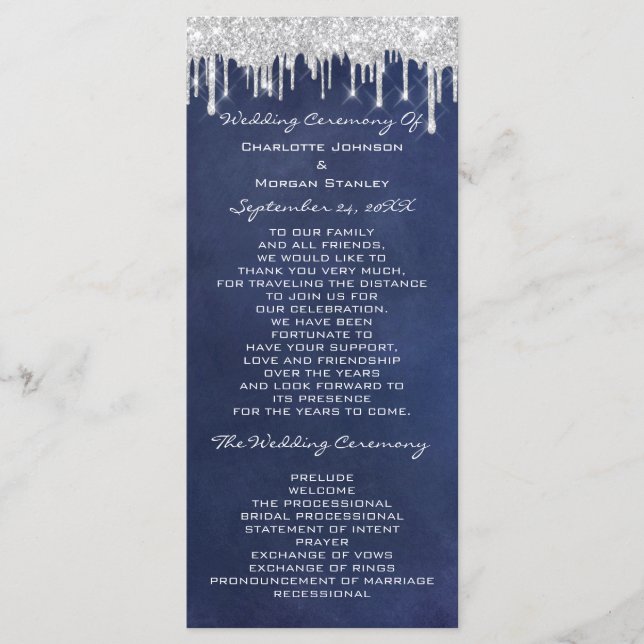 Silver Tropfens Event Wedding Program Formal Navy Programm (Vorderseite)