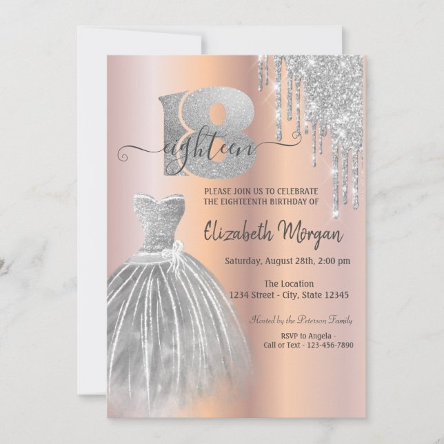 Silver Tropfens Glitzer Dress Rose Gold 18. Geburt Einladung (Vorderseite)