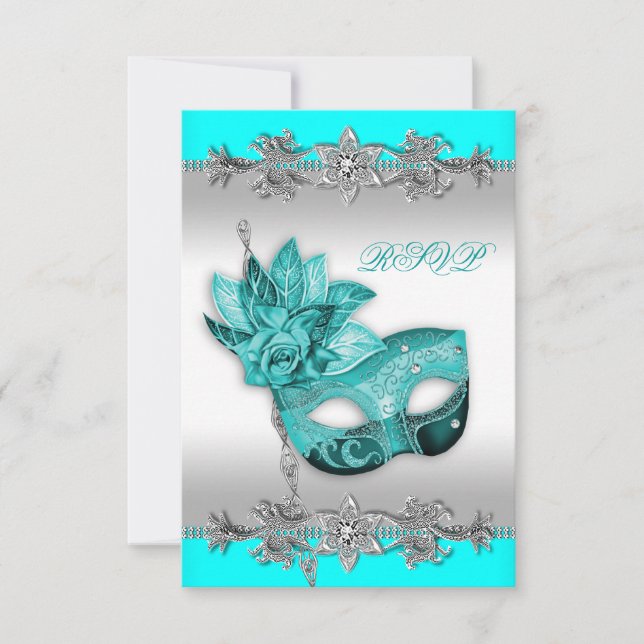 Silver Türkise Blue Masquerade Party UAWG RSVP Karte (Vorderseite)