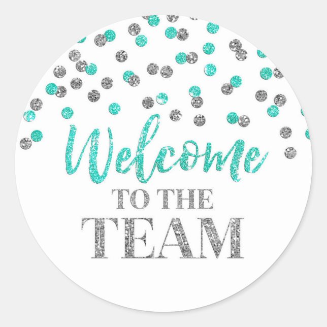 Silver Turquoise Confetti Willkommen im Team Runder Aufkleber (Vorderseite)