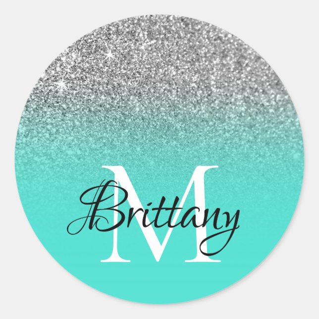 Silver Turquoise Glitzer Ombre Mit Monogramm Runder Aufkleber (Vorderseite)