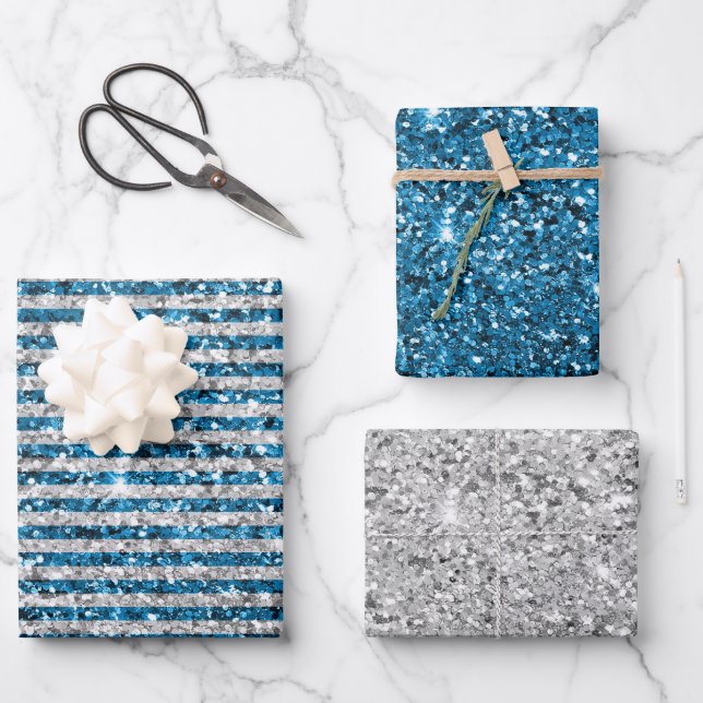 Silver Turquoise Glitzer Streifen Geschenkpapier Set (Vorderseite)
