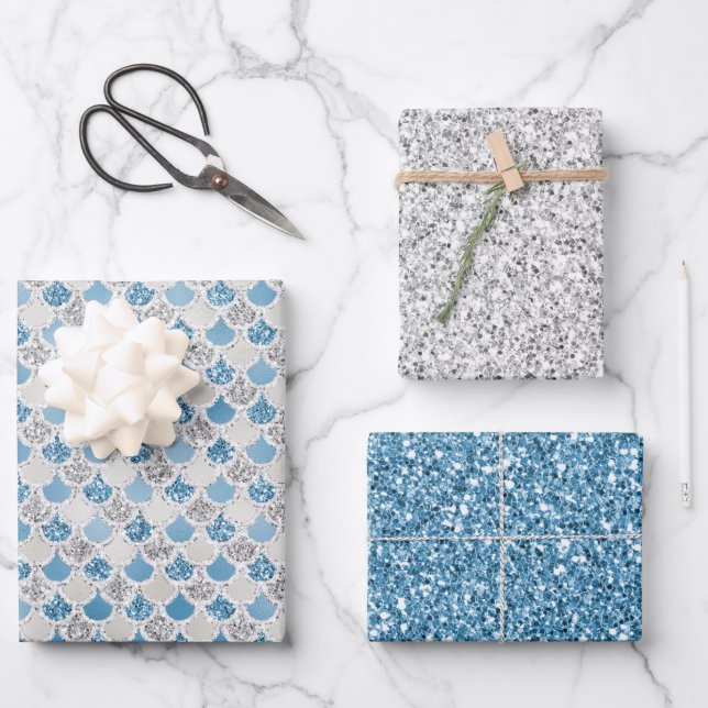 Silver Turquoise Pearl Glitzer Mermaid Geschenkpapier Set (Vorderseite)