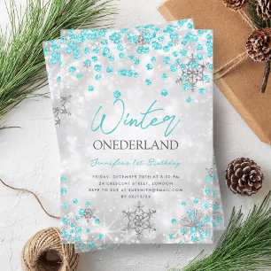 Silver Turquoise Winter ONEDERLAND 1. Geburtstag Einladung