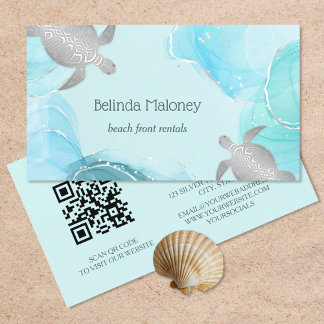 Silver Turtle Blue Ink Coastal QR Code Visitenkarte